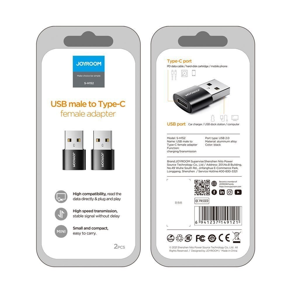 Joyroom S-H152 USB-A - USB-C adapteris, 2 vnt. цена и информация | Laidai telefonams | pigu.lt