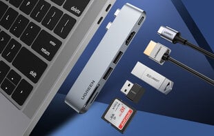 Šakotuvas 6-in-1 UGREEN CM380 USB-C Hub, skirtas MacBook Air / Pro, pilkas kaina ir informacija | Adapteriai, USB šakotuvai | pigu.lt