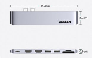 Адаптер 7-в-2 UGREEN CM356 USB-C Hub для MacBook Air / Pro, серый цена и информация | Адаптеры, USB-разветвители | pigu.lt