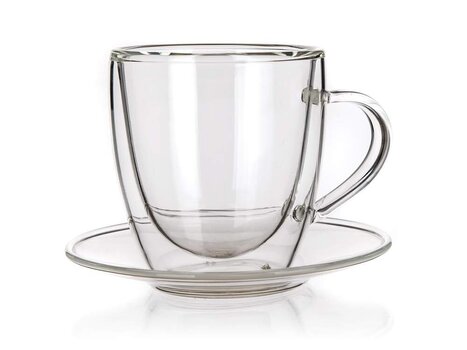 Dvigubo stiklo puodelis su lėkštute, 80 ml kaina ir informacija | Taurės, puodeliai, ąsočiai | pigu.lt