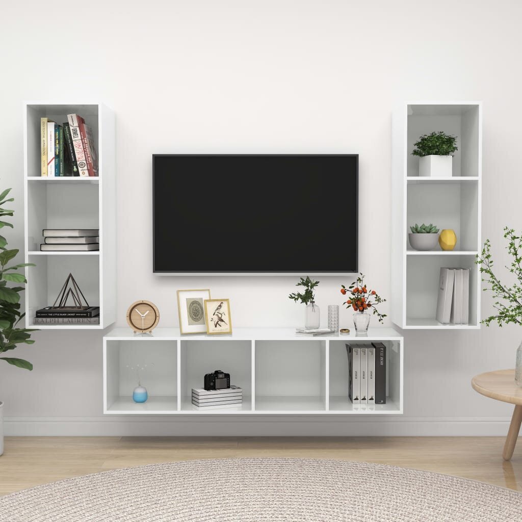 Televizoriaus spintelių komplektas, 3 dalių, baltas kaina ir informacija | TV staliukai | pigu.lt
