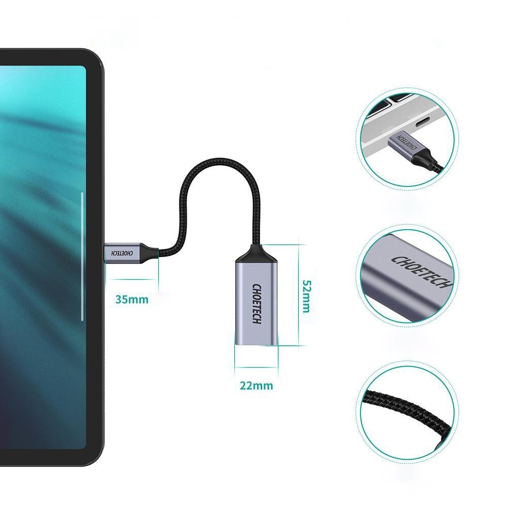 Adapteris Choetech One-way Cable Adapter from USB Type C (Male) to DisplayPort (Female) 4K 60Hz 20cm (HUB-H11) kaina ir informacija | Adapteriai, USB šakotuvai | pigu.lt