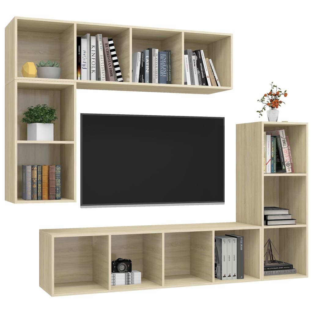 Televizoriaus spintelių komplektas, 4 dalių, rudas kaina ir informacija | TV staliukai | pigu.lt