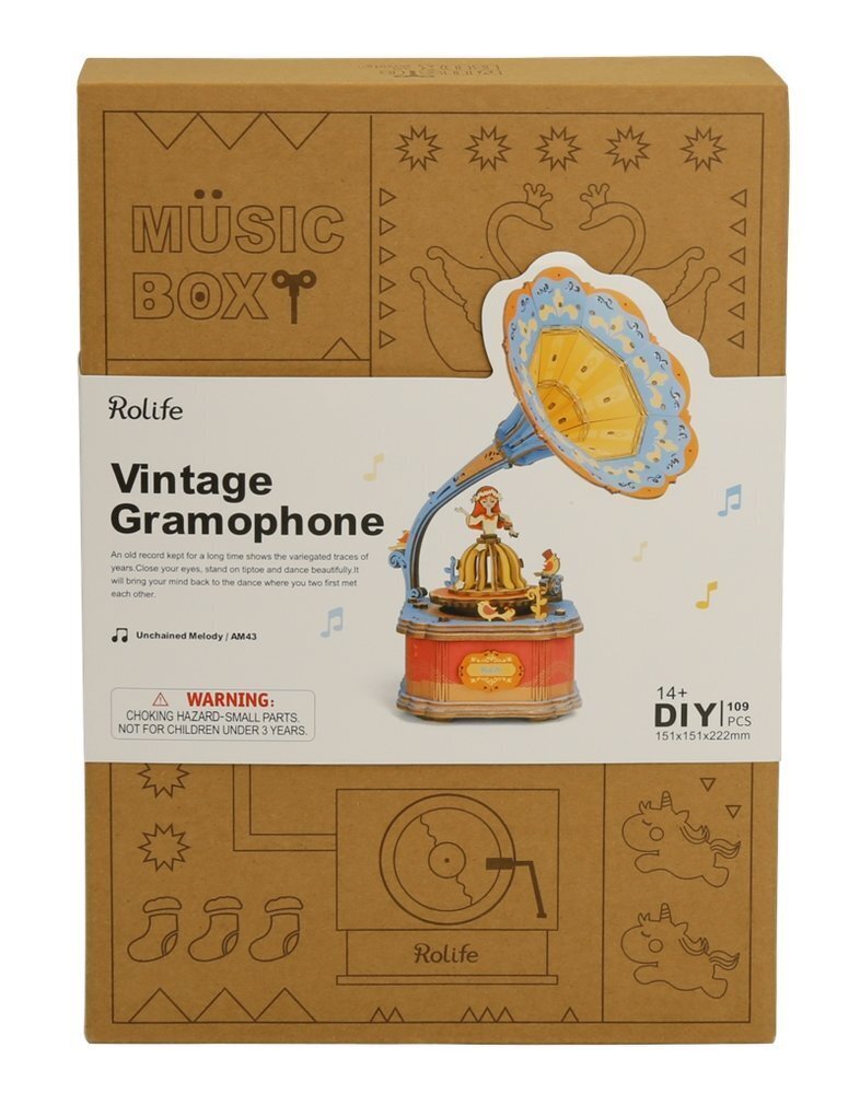 Medinis 3D galvosūkis - muzikinė dėžutė Robotime Vintage Gramophone, 14 m.+ kaina ir informacija | Konstruktoriai ir kaladėlės | pigu.lt
