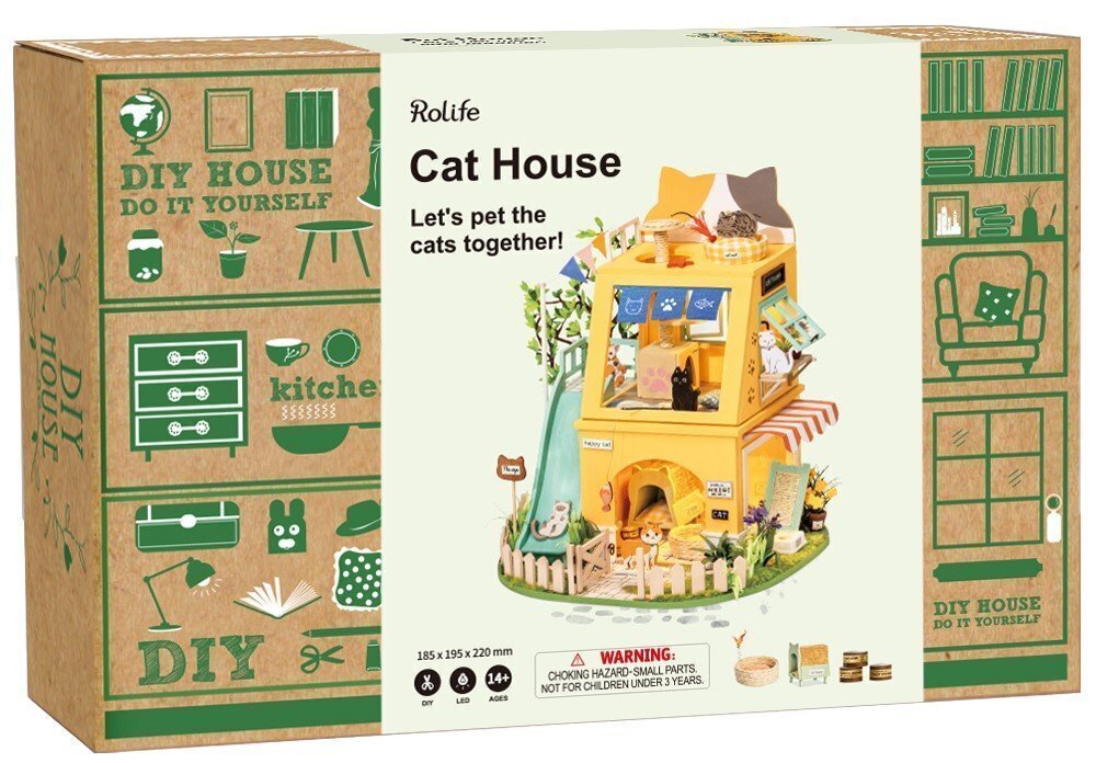 Medinė surenkama miniatiūra Robotime 3D Cat House, 14 m.+ kaina ir informacija | Konstruktoriai ir kaladėlės | pigu.lt