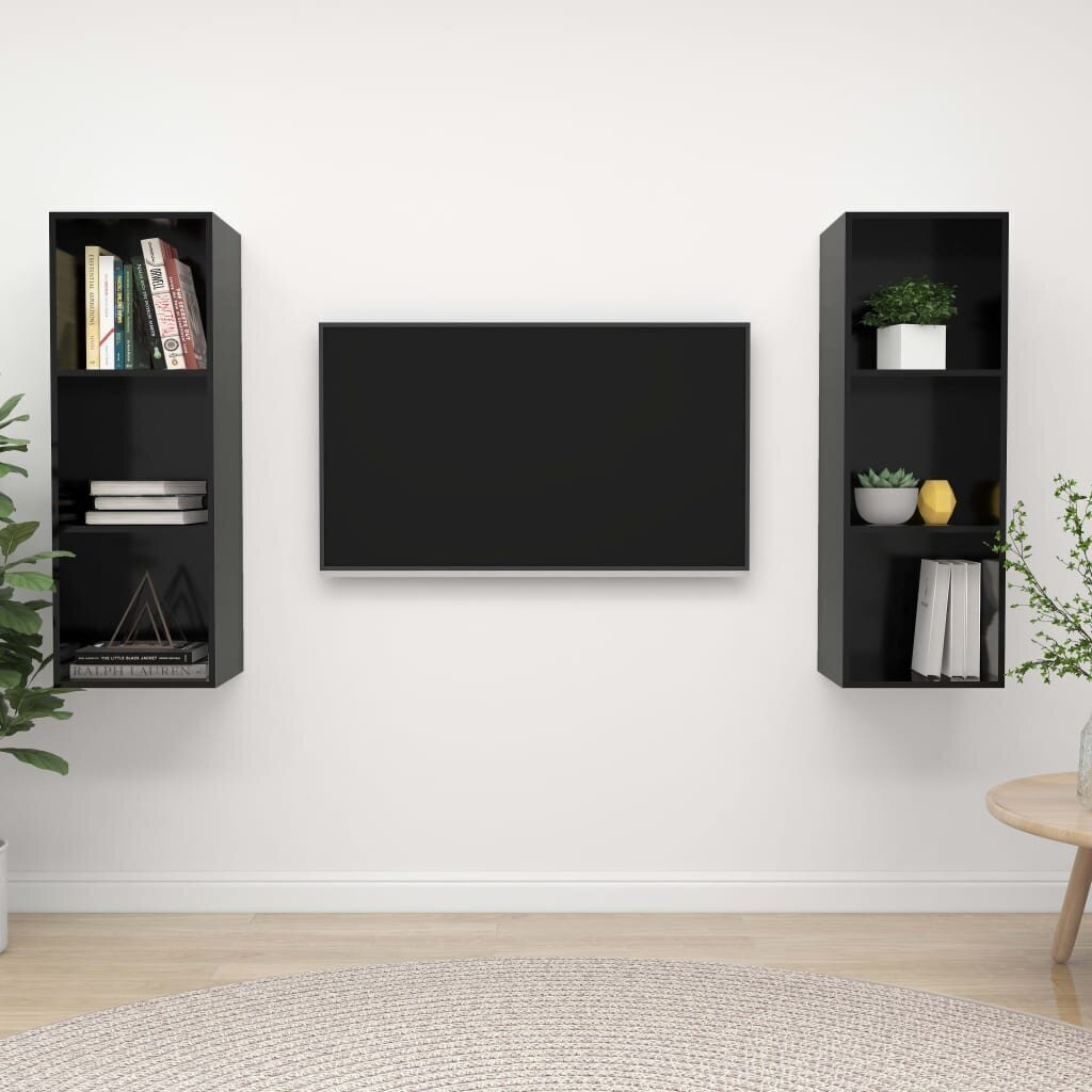 Sieninės televizoriaus spintelės, 2 vnt, juodos цена и информация | TV staliukai | pigu.lt