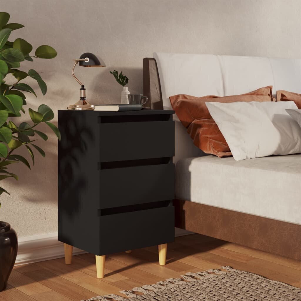 Naktinė spintelė su medinėmis kojelėmis, 40x35x69 cm, juoda kaina ir informacija | Spintelės prie lovos | pigu.lt