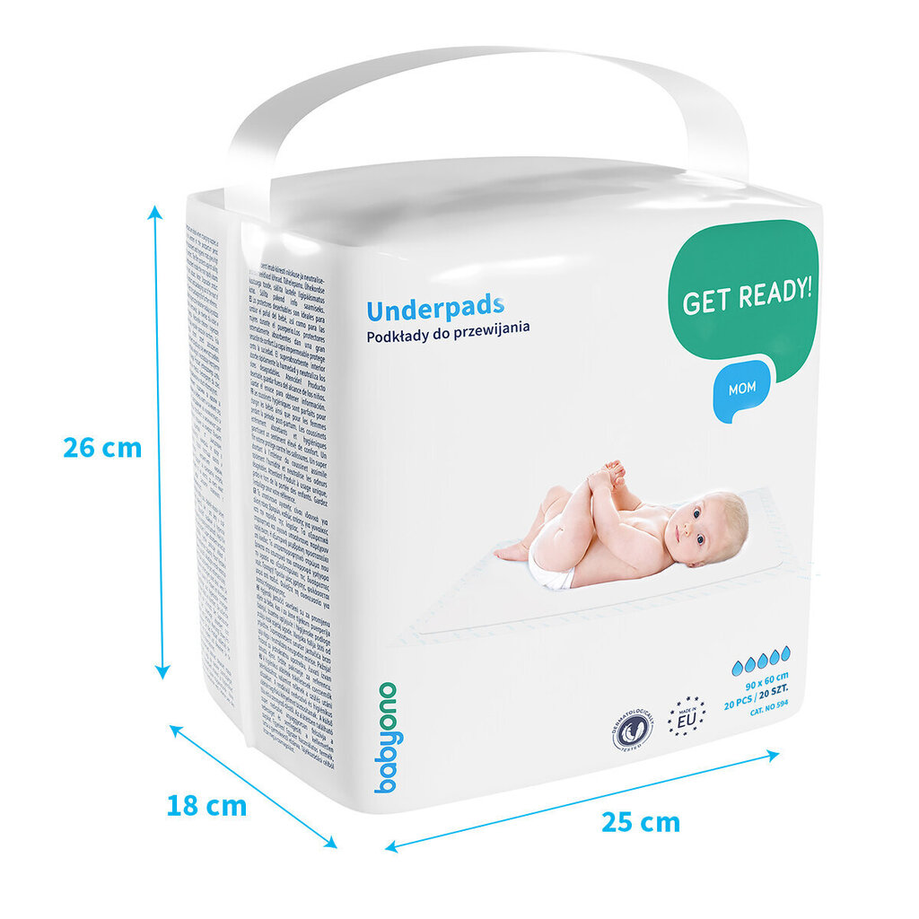 BabyOno kūdikio pervystymo paklotai, 20 vnt., 90x60, 594 цена и информация | Drėgnos servetėlės, paklotai | pigu.lt