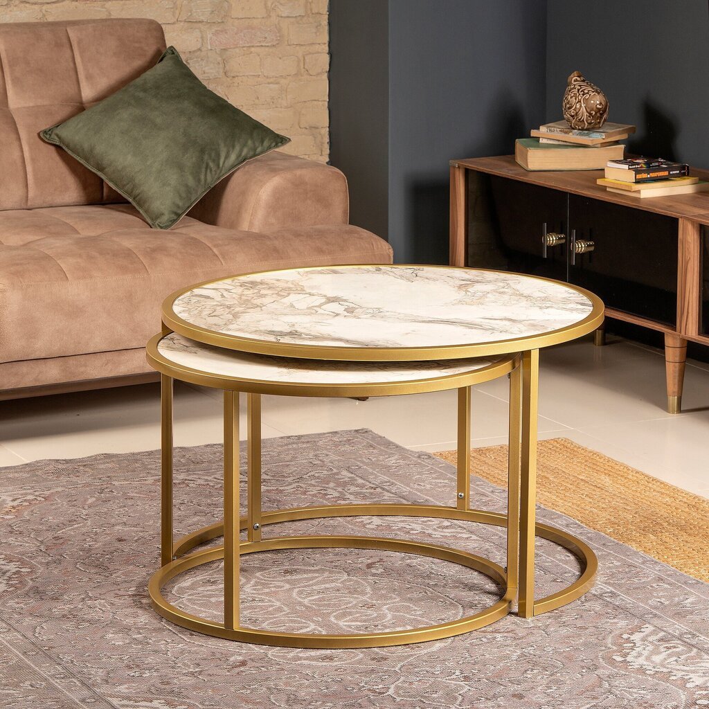 2-jų staliukų komplektas Kalune Design Tambur, auksinės spalvos цена и информация | Kavos staliukai | pigu.lt