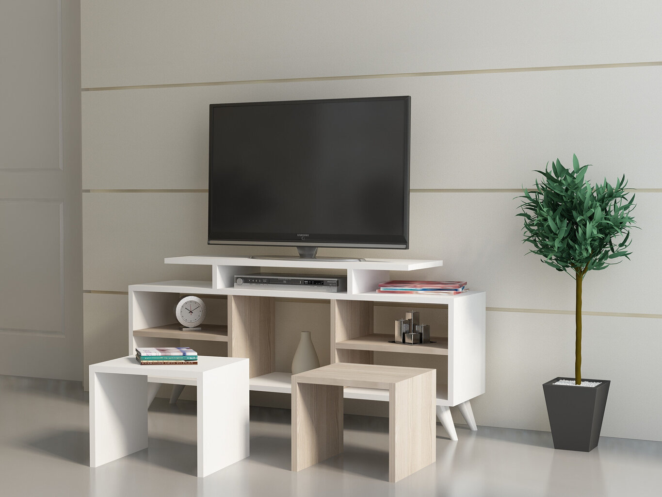 TV staliukas Kalune Design Kutay, baltas/šviesiai rudas kaina ir informacija | TV staliukai | pigu.lt