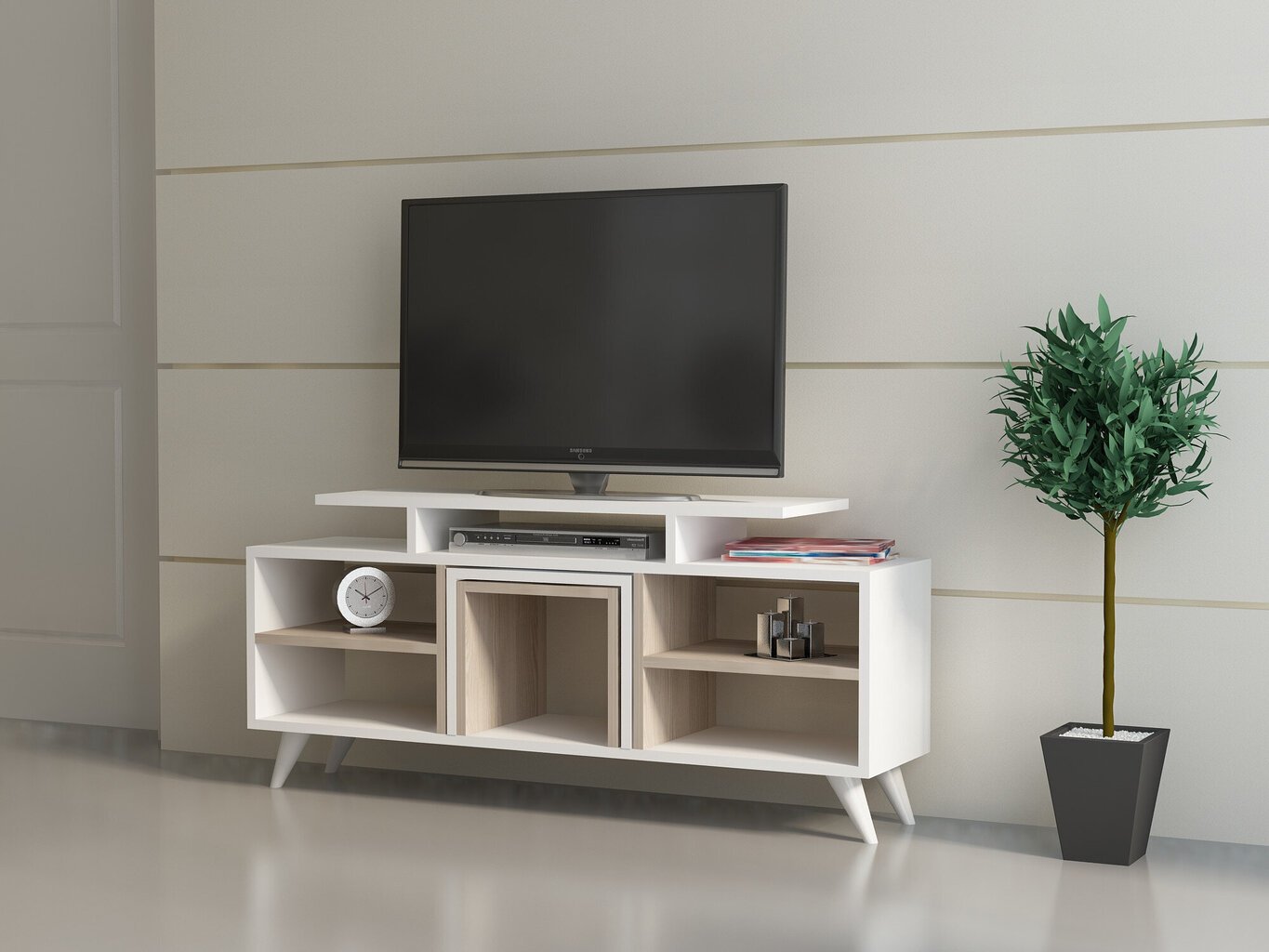 TV staliukas Kalune Design Kutay, baltas/šviesiai rudas kaina ir informacija | TV staliukai | pigu.lt