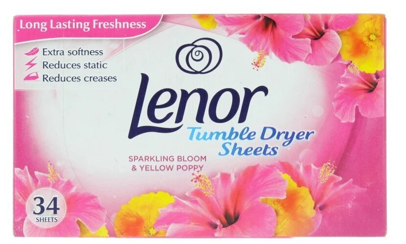 Lenor kvapiosios servetėlės džiovyklei Sparkling Bloom & Yellow Poppy, 34 vnt kaina ir informacija | Skalbimo priemonės | pigu.lt