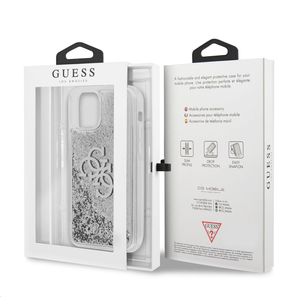 Guess TPU Big 4G Liquid Glitter Silver Case, skirtas iPhone 12 Pro Max, skaidrus kaina ir informacija | Telefono dėklai | pigu.lt