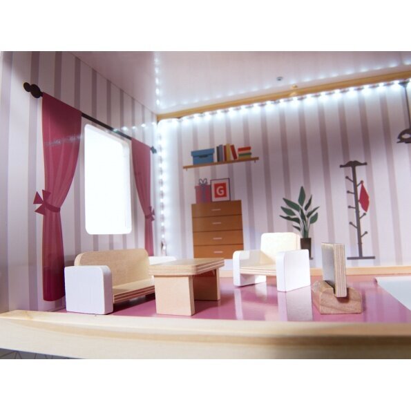 Medinis lėlių namelis MDF su LED apšvietimu ir baldais 78 cm kaina ir informacija | Žaislai mergaitėms | pigu.lt