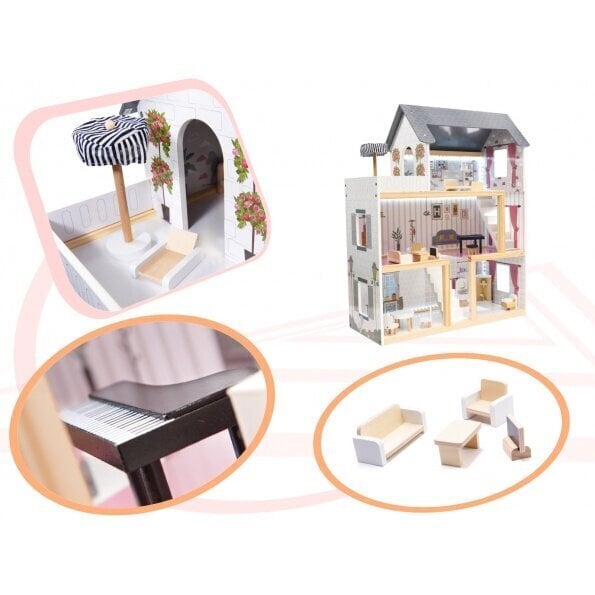 Medinis lėlių namelis MDF su LED apšvietimu ir baldais 78 cm kaina ir informacija | Žaislai mergaitėms | pigu.lt
