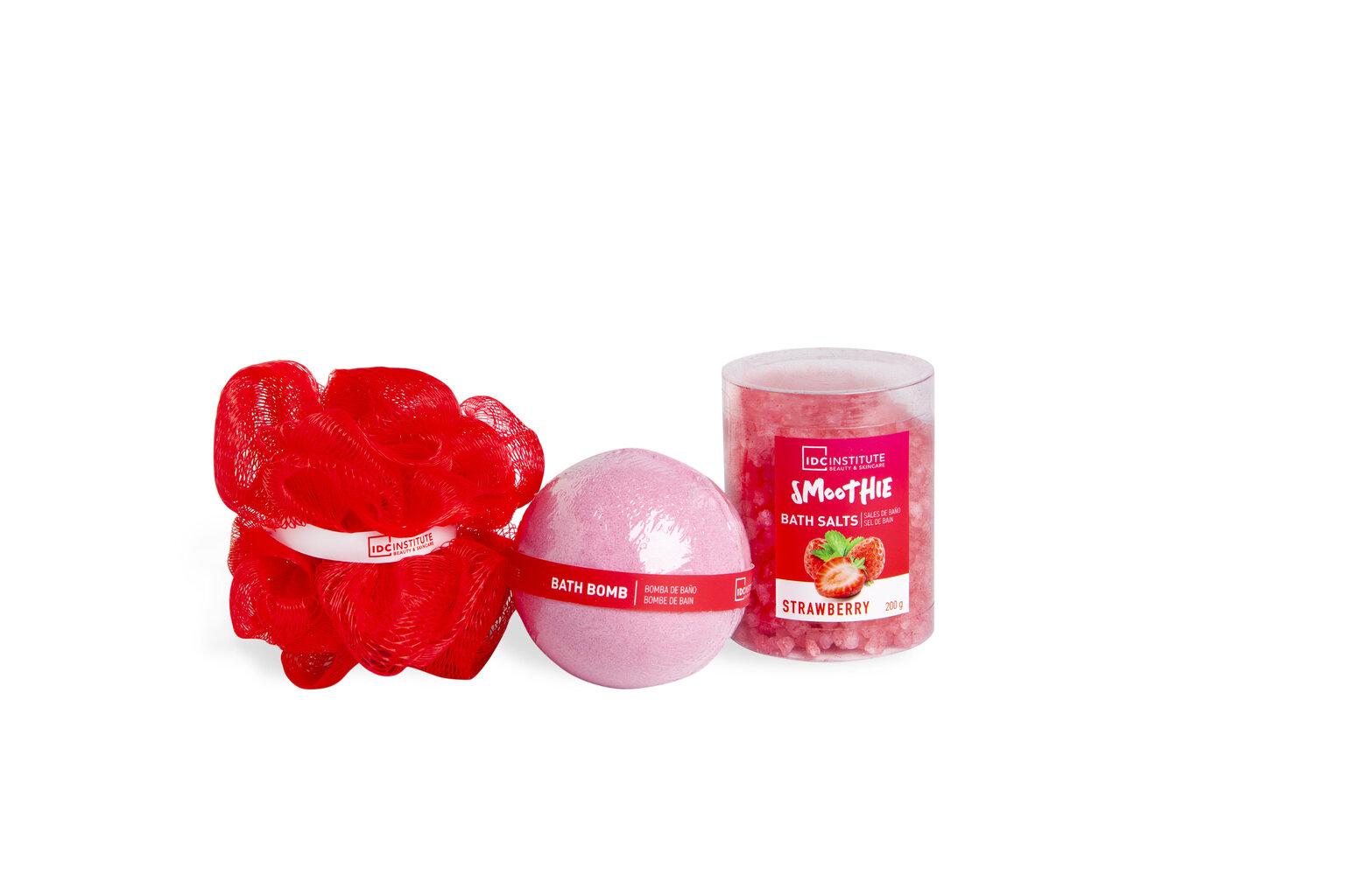 Rinkinys IDC Institute Smoothie Strawberry: vonios druska, 200 g + vonios burbulas, 140 g + kempinė kaina ir informacija | Dušo želė, aliejai | pigu.lt