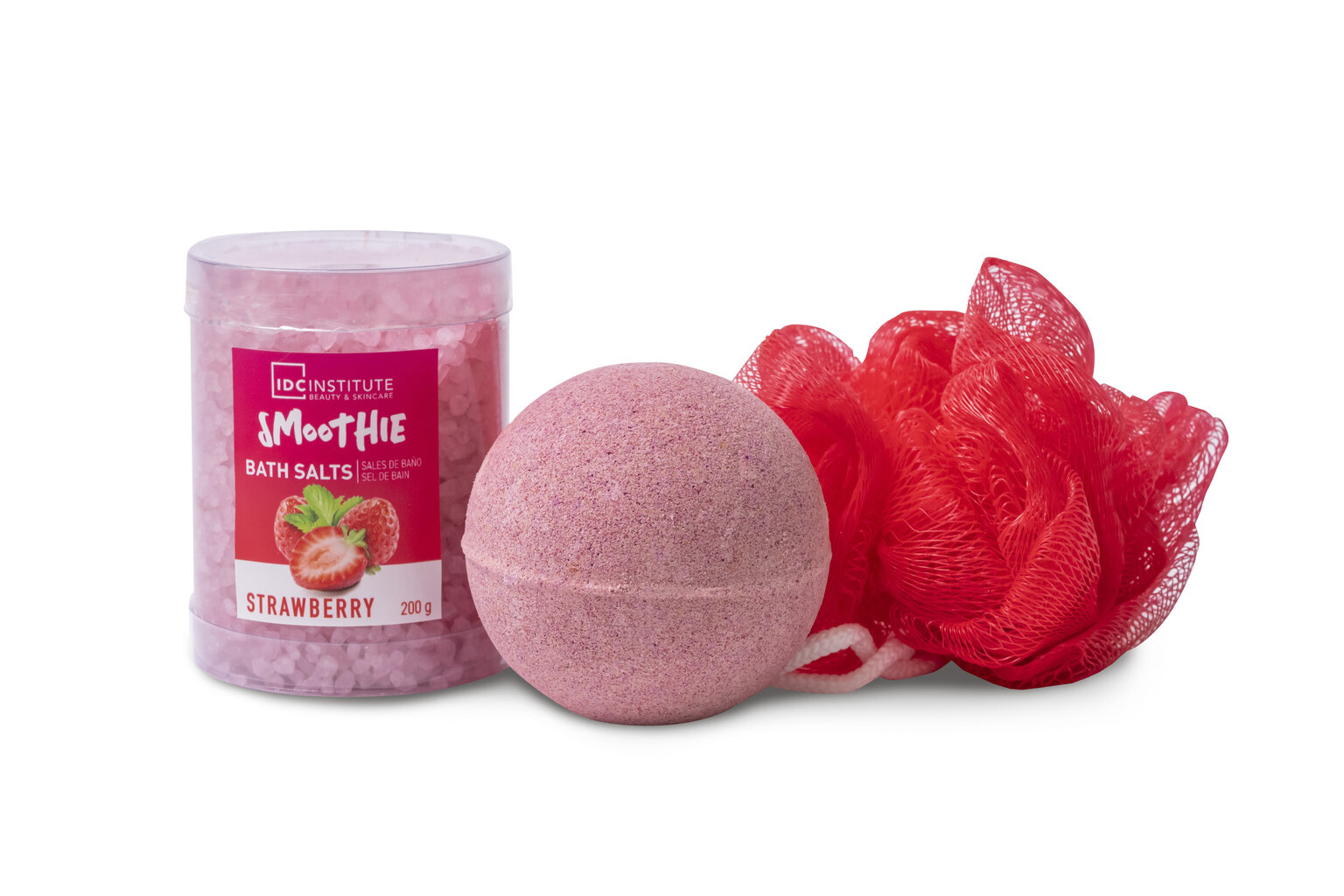 Rinkinys IDC Institute Smoothie Strawberry: vonios druska, 200 g + vonios burbulas, 140 g + kempinė kaina ir informacija | Dušo želė, aliejai | pigu.lt