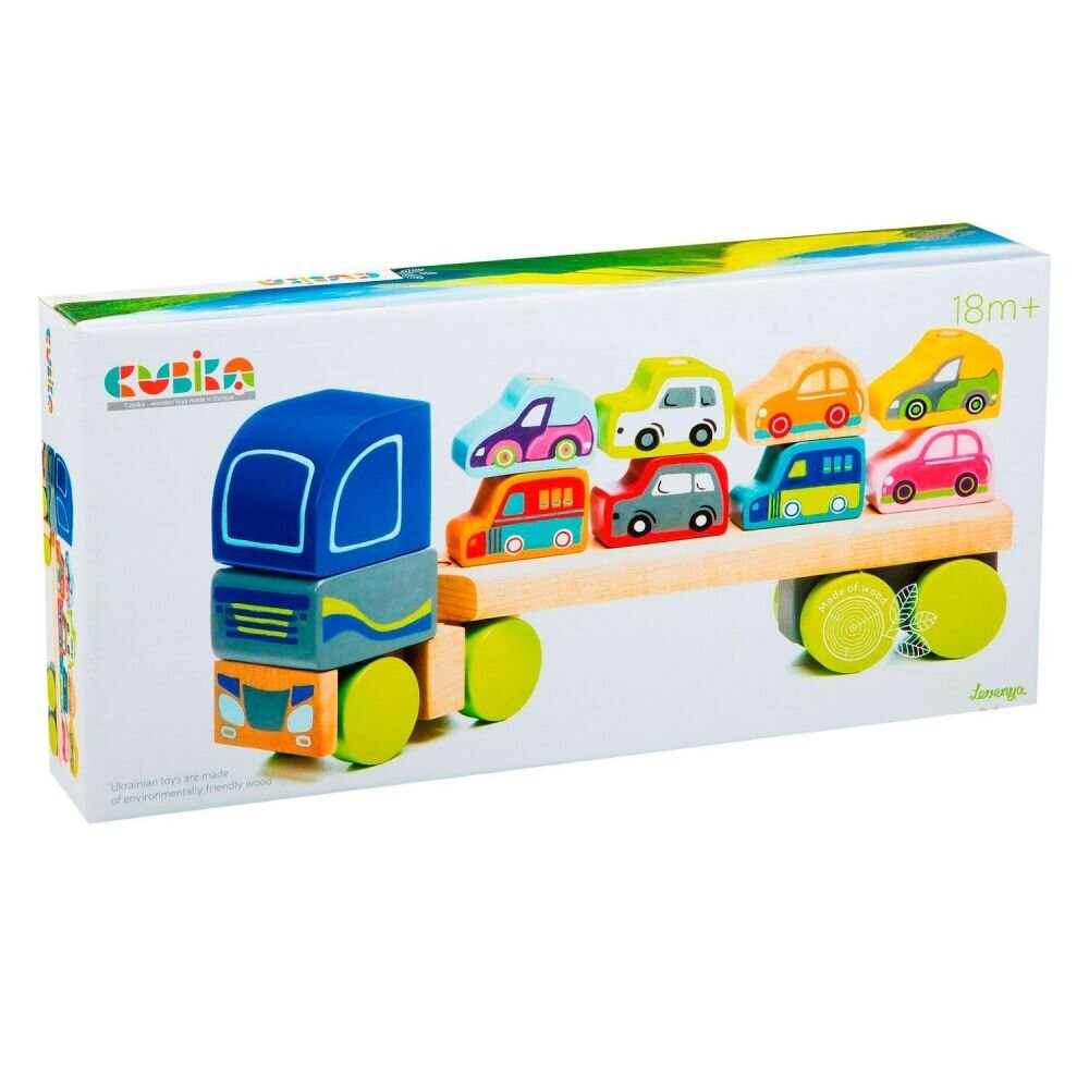 Medinė mašinėlė Sunkvežimis su automobiliais, Cubika kaina ir informacija | Žaislai kūdikiams | pigu.lt