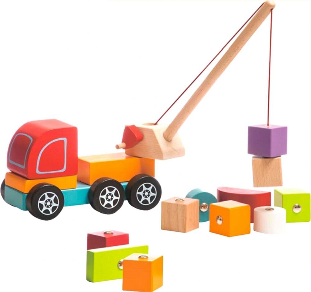 Medinė mašinėlė Sunkvežimis kranas su elementais ant magnetų, Cubika kaina ir informacija | Žaislai kūdikiams | pigu.lt