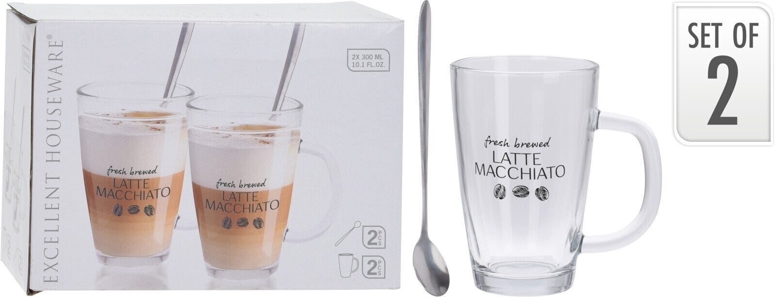 Dviejų puodelių su šaukšteliais rinkinys, skirtas LATTE MACCHIATO kaina ir informacija | Taurės, puodeliai, ąsočiai | pigu.lt