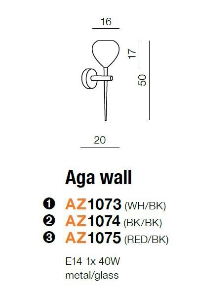 Azzardo sieninis šviestuvas Aga Black/Red kaina ir informacija | Sieniniai šviestuvai | pigu.lt