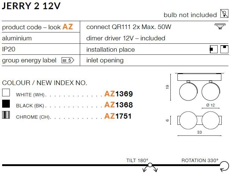 Azzardo šviestuvas Jerry 2 12V AZ1368 kaina ir informacija | Lubiniai šviestuvai | pigu.lt