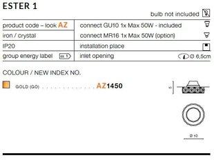 Azzardo lubinis šviestuvas Ester 1 Gold kaina ir informacija | Įmontuojami šviestuvai, LED panelės | pigu.lt