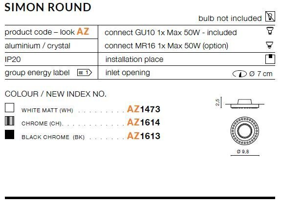 Azzardo įmontuojamas šviestuvas Simon Round White цена и информация | Įmontuojami šviestuvai, LED panelės | pigu.lt