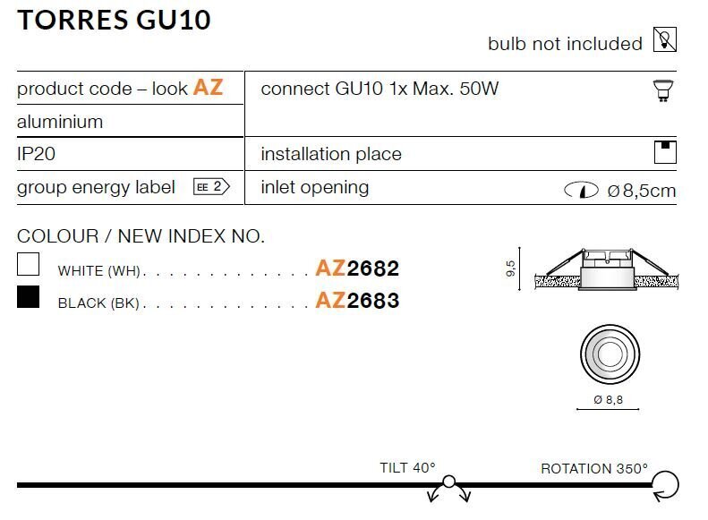 Azzardo įmontuojamas šviestuvas Torres Black цена и информация | Įmontuojami šviestuvai, LED panelės | pigu.lt
