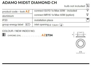 Azzardo įmontuojamas šviestuvas Adamo Diamond Chrome kaina ir informacija | Įmontuojami šviestuvai, LED panelės | pigu.lt