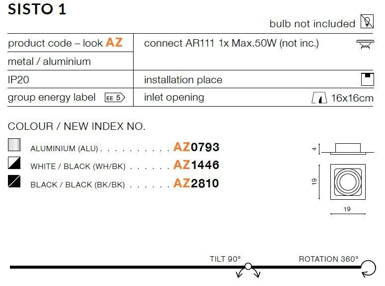 Azzardo įmontuojamas šviestuvas Sisto 1 Black kaina ir informacija | Įmontuojami šviestuvai, LED panelės | pigu.lt