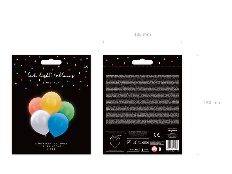 LED balionai, įvairių spalvų, 30 cm, 5 vnt. kaina