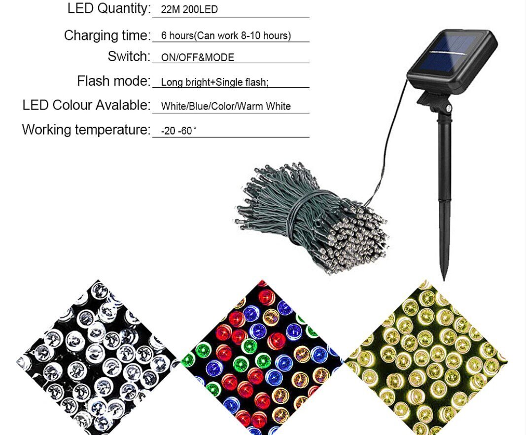 Kalėdinė girlianda su saulės baterija 200 LED, 22 m, balta цена и информация | Girliandos | pigu.lt