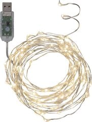 USB šviesos grandinė „Rasos lašai“ 100 LED žibintų, šaltai balta, sidabrinė. Ilgis 5m, maitinimo laidas 1m, įtampa 5V DC kaina ir informacija | Girliandos | pigu.lt