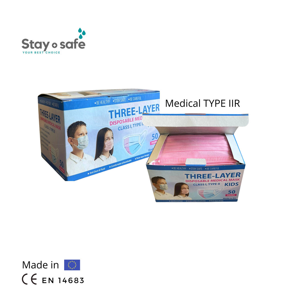Vienkartinės medicininės TYPE IIR veido kaukės 3-jų sluoksnių vaikiškos, rožinė, 50 vnt. kaina ir informacija | Pirmoji pagalba | pigu.lt