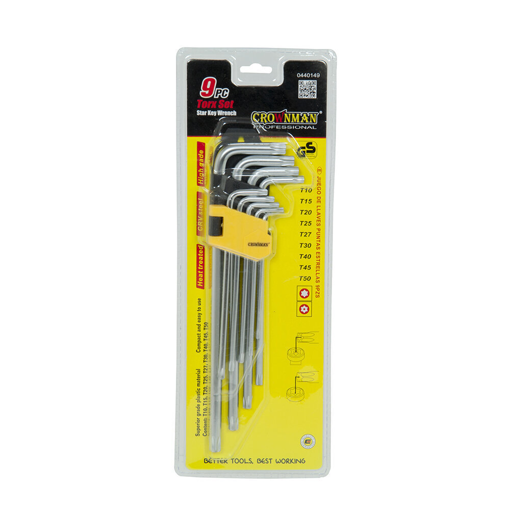 Raktai TORX 9 vnt. T10-T50 extra ilgi 0440149 Crownman kaina ir informacija | Mechaniniai įrankiai | pigu.lt