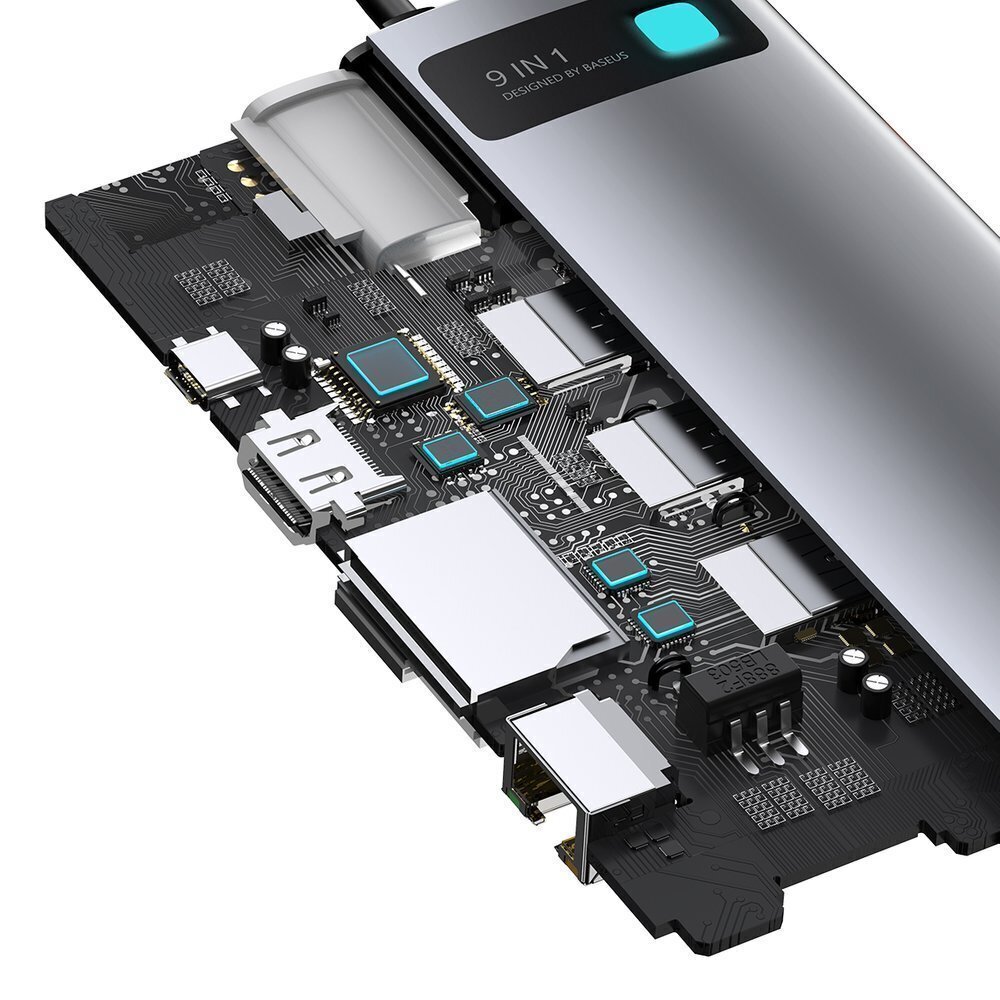 Adapteris Hub 9in1 Baseus Metal Gleam Series, USB-C to 3x USB 3.0 + HDMI + USB-C PD + Ethernet RJ45 + microSD/SD + VGA цена и информация | Adapteriai, USB šakotuvai | pigu.lt