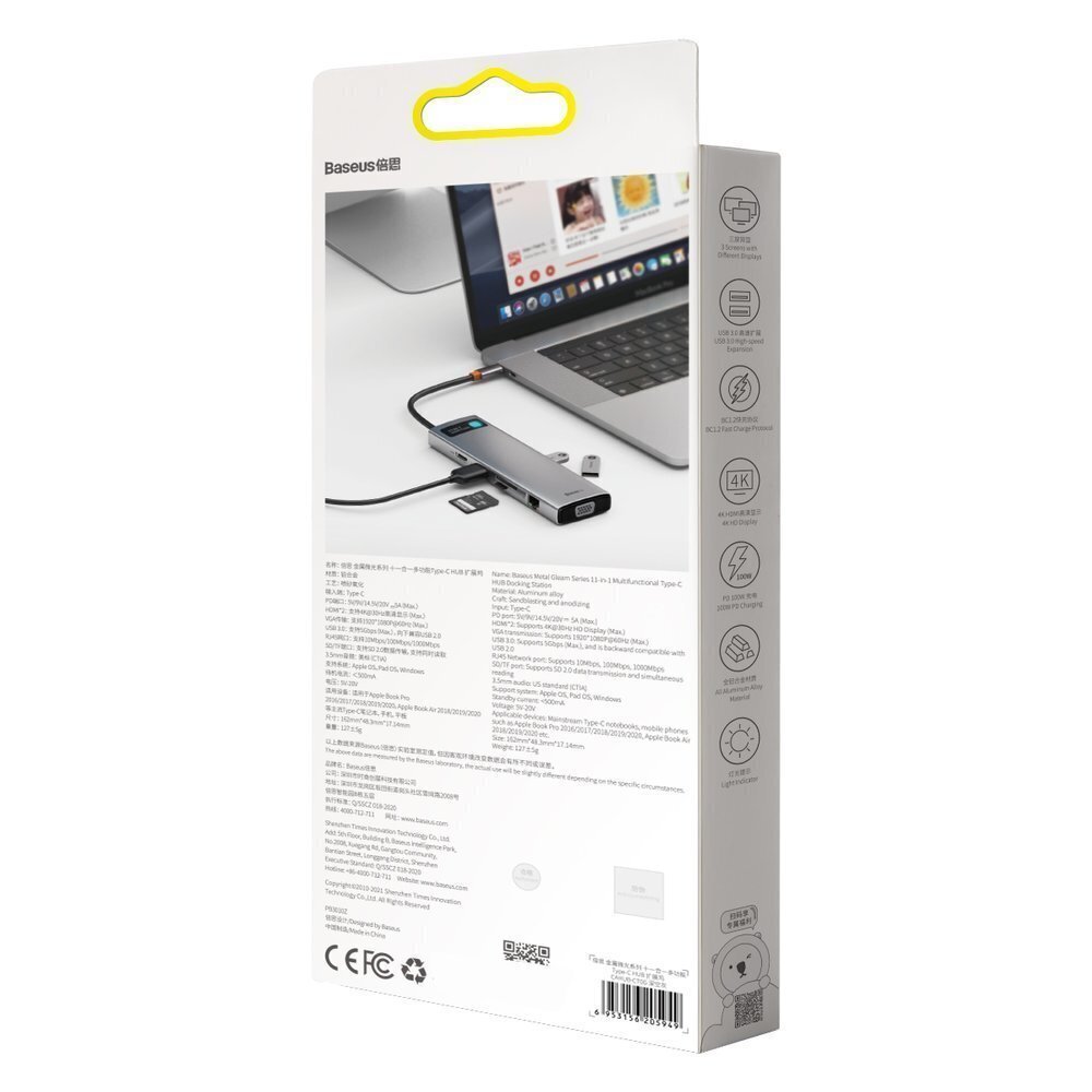 Hub 11in1 Baseus Metal Gleam Series, USB-C to 3x USB 3.0 + 2x HDMI + USB-C PD + Ethernet RJ45 + microSD/SD + VGA + AUX kaina ir informacija | Adapteriai, USB šakotuvai | pigu.lt