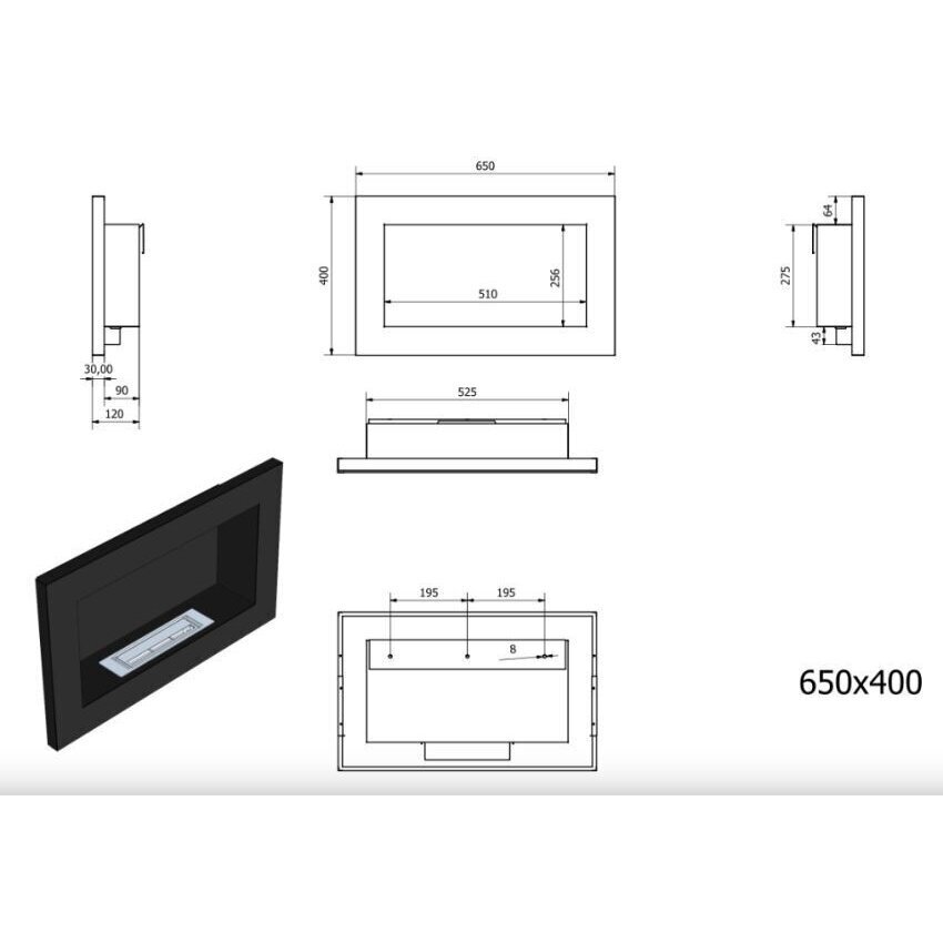 Pakabinamas įmontuojamas biožidinys Bioheat 650x400 TUV White Less kaina ir informacija | Židiniai, ugniakurai | pigu.lt