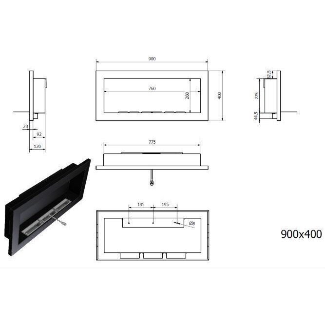 Pakabinamas įmontuojamas biožidinys Bioheat 900x400 TUV Black kaina ir informacija | Židiniai, ugniakurai | pigu.lt