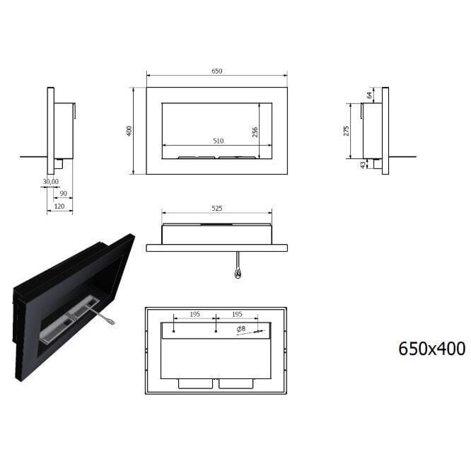 Pakabinamas įmontuojamas biožidinys Bioheat 650x400 TUV Black Less Glass цена и информация | Židiniai, ugniakurai | pigu.lt