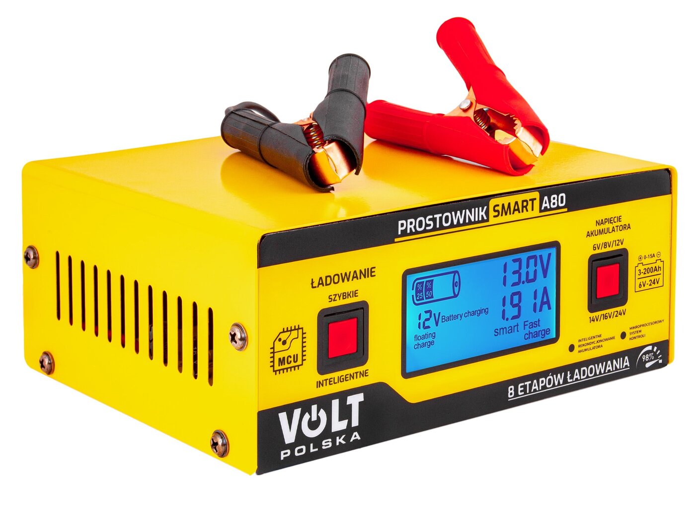 Universalus mikroprocesorinis akumuliatorių įkroviklis Volt Polska LCD 6/8/12/14/16/24V 15A SMART A80 цена и информация | Akumuliatorių krovikliai | pigu.lt