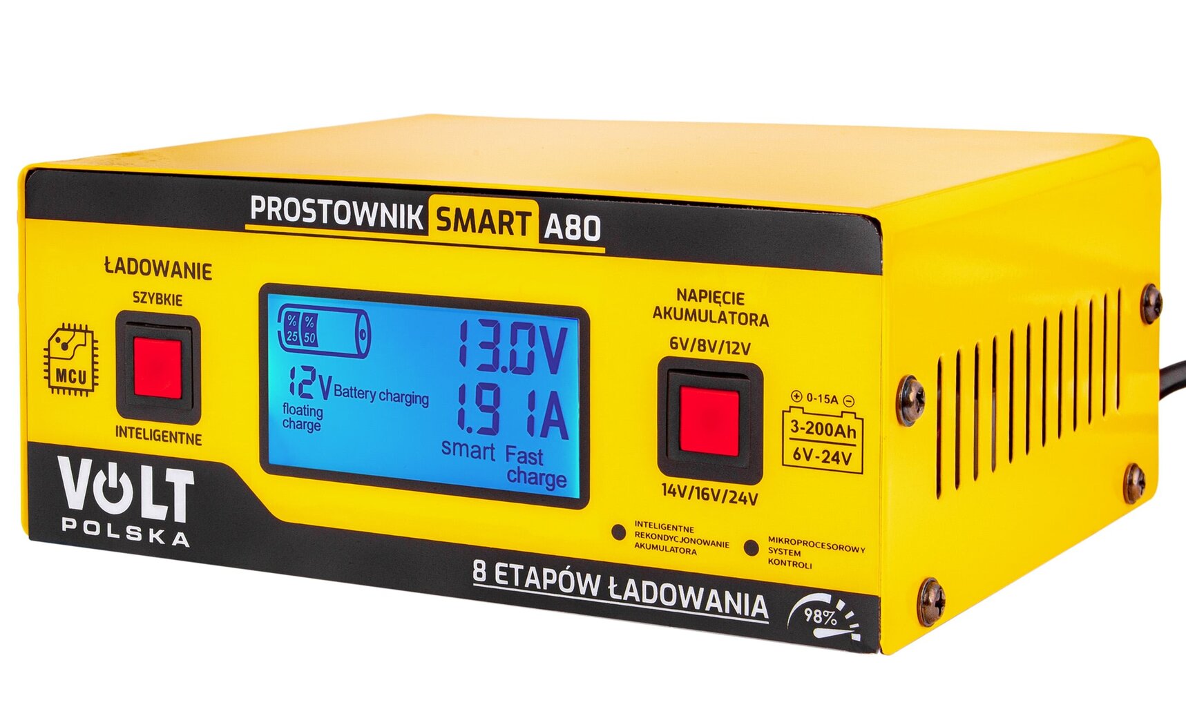 Universalus mikroprocesorinis akumuliatorių įkroviklis Volt Polska LCD 6/8/12/14/16/24V 15A SMART A80 цена и информация | Akumuliatorių krovikliai | pigu.lt