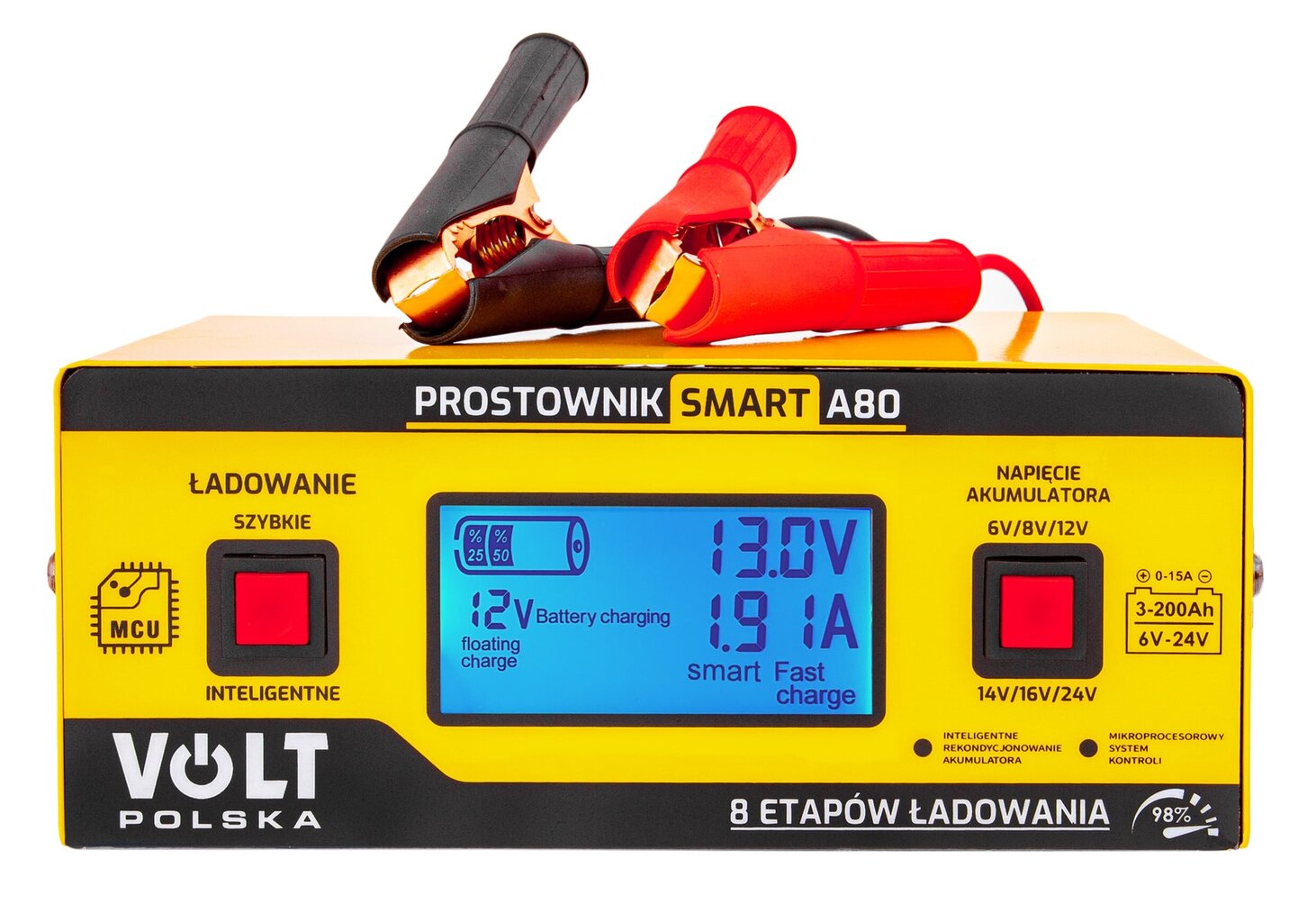 Universalus mikroprocesorinis akumuliatorių įkroviklis Volt Polska LCD 6/8/12/14/16/24V 15A SMART A80 цена и информация | Akumuliatorių krovikliai | pigu.lt