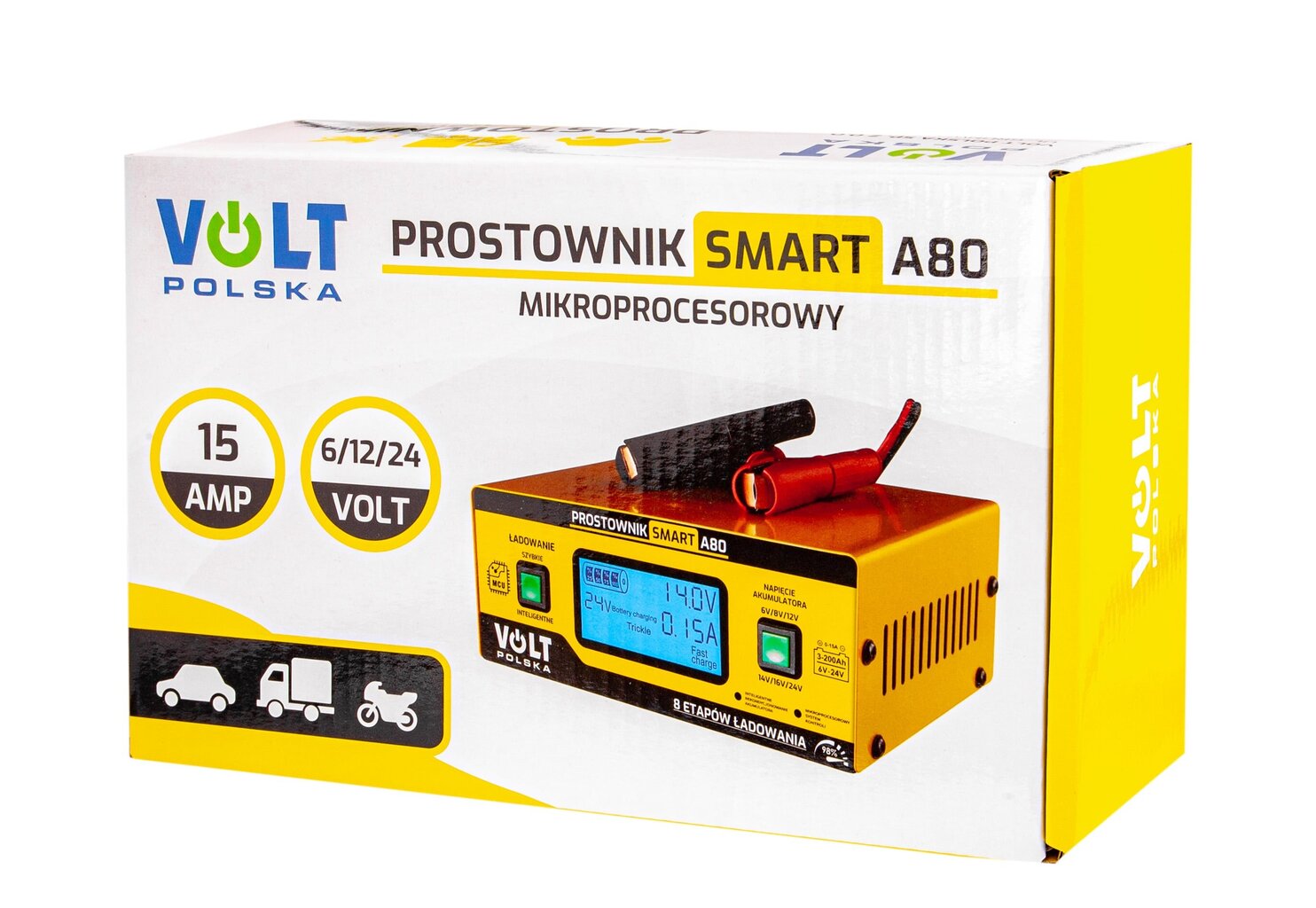 Universalus mikroprocesorinis akumuliatorių įkroviklis Volt Polska LCD 6/8/12/14/16/24V 15A SMART A80 цена и информация | Akumuliatorių krovikliai | pigu.lt