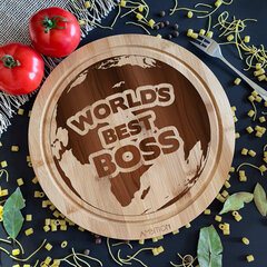 Apvali bambukinė pjaustymo lentelė "World's best boss" kaina ir informacija | Kitos originalios dovanos | pigu.lt