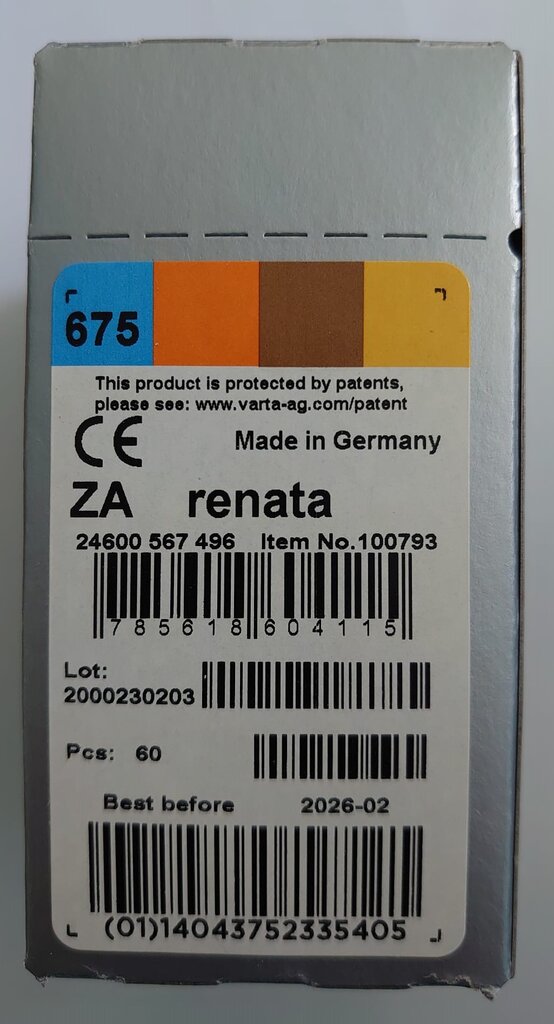 Renata baterijos ZA675.DP6 klausos aparatams Zinc-Air, 60 vnt kaina ir informacija | Elementai | pigu.lt