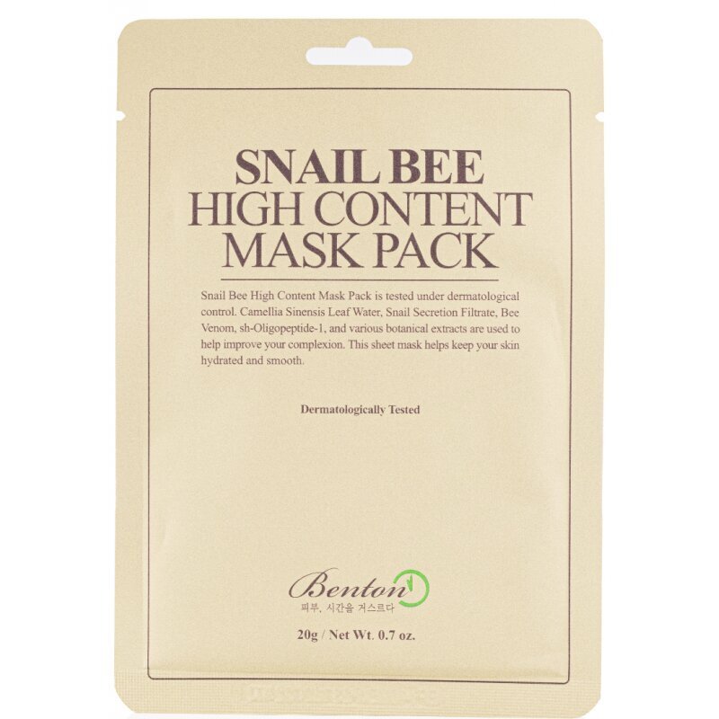 Lakštinė veido kaukė Benton Snail Bee High Content, 20 g kaina ir informacija | Veido kaukės, paakių kaukės | pigu.lt