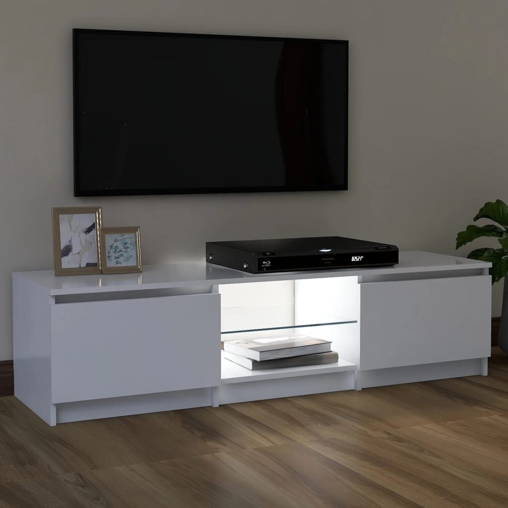 TV spintelė su LED apšvietimu, 120x30x35,5 cm, balta kaina ir informacija | TV staliukai | pigu.lt