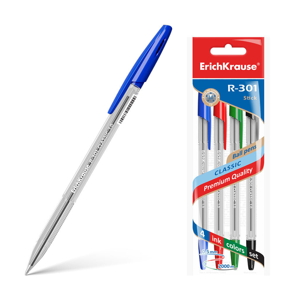 Tušinukai ErichKrause® R-301 Classic Stick 1.0, mėlyna, juoda, raudona, žalia, 4 vnt цена и информация | Rašymo priemonės | pigu.lt